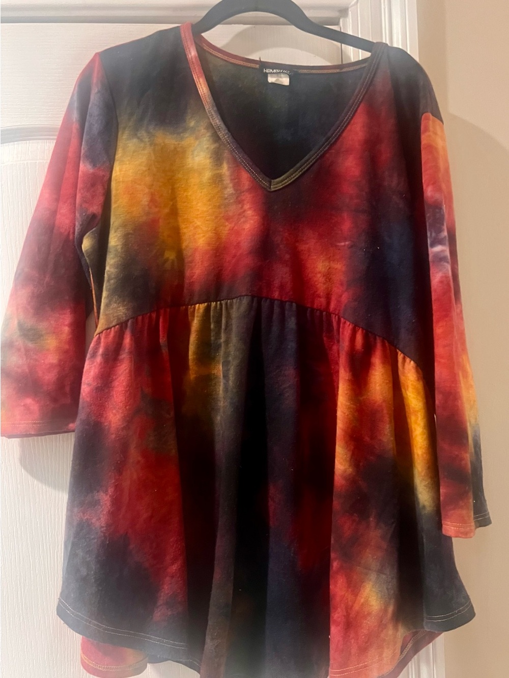 VNeck Babydoll Top in Red, Yellow & Black Tie-Dye